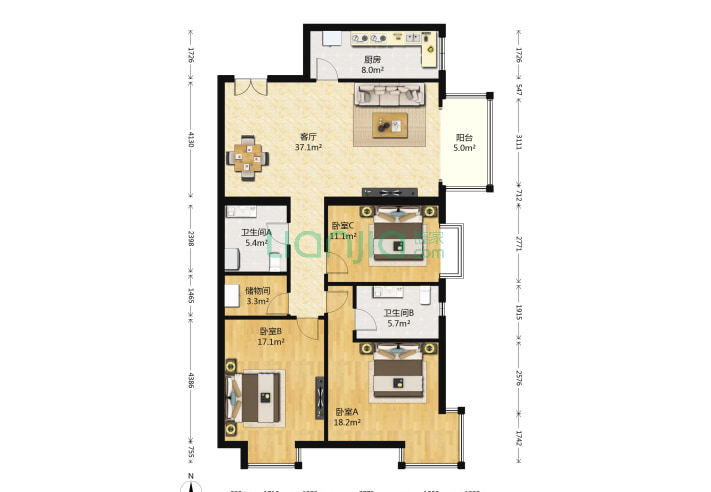 3室1厅2卫135.11㎡-北京远洋山水户型图