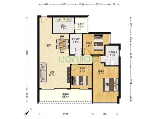 天鹅湖花园三期 3室1厅2卫 125平方