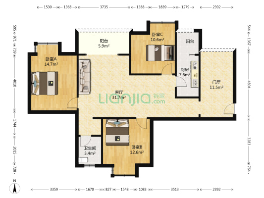 滨江翡翠城 3室1厅1卫 89平方