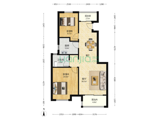 市光新苑 2室1厅1卫 88平方