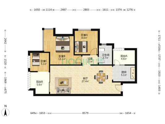 恒大绿岛新城C区 3室1厅1卫 90平方
