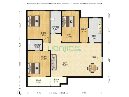 商都锦城 3室1厅2卫 148平方