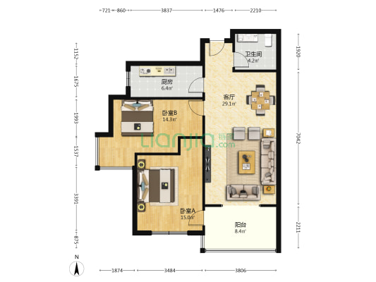 銀都華府 2室1厅1卫 104平方