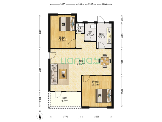 工商局宿舍 2室1厅2卫 93平方