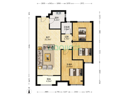 阳光城翡丽花园 3室1厅1卫 107平方