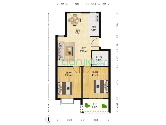 黎明苑二期 2室2厅1卫 80平方