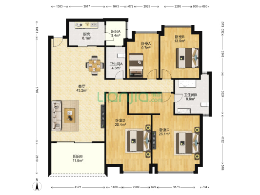 峰境园 4室1厅2卫 172平方