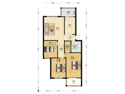 洪源小区 3室2厅1卫 115平方