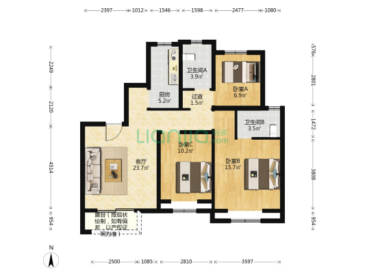 东方蓝海中心 3室1厅2卫 106平方