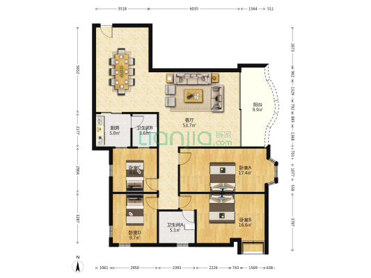 滨江大厦 4室1厅2卫 164平方