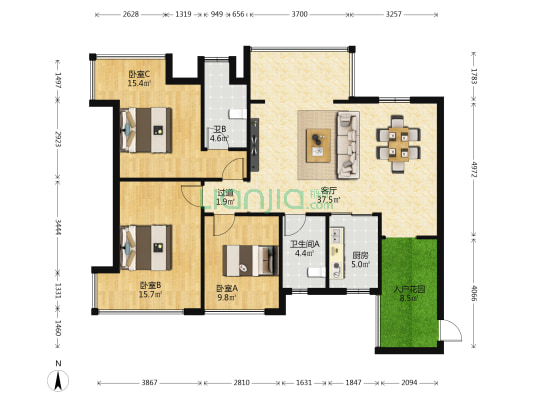 石竹盛璟东方 3室1厅2卫 115平方