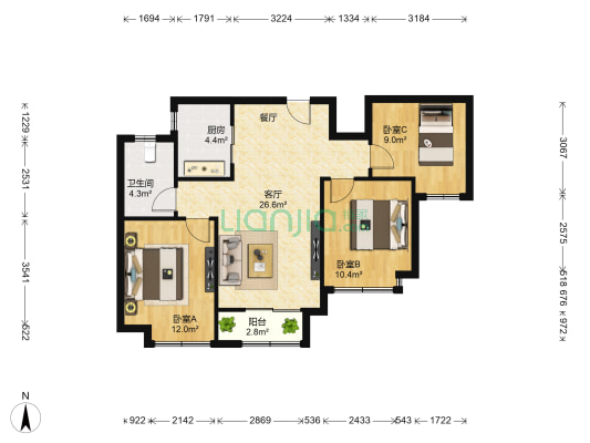 中海国际御山华府东区 3室1厅1卫 92平方