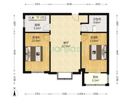名流美域，朝南户型，开发区，环境优美二居室-户型图