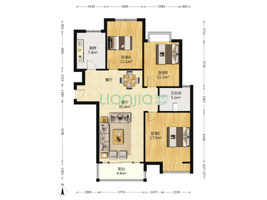 中浩国际广场 3室1厅1卫 127平方