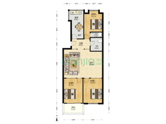 党校宿舍 3室1厅2卫 103平方