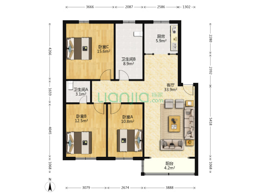 新星小区 3室1厅2卫 119平方