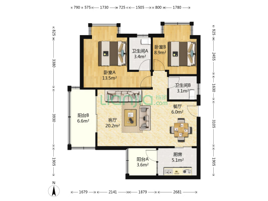 恒利阳光新城 2室2厅2卫 85平方