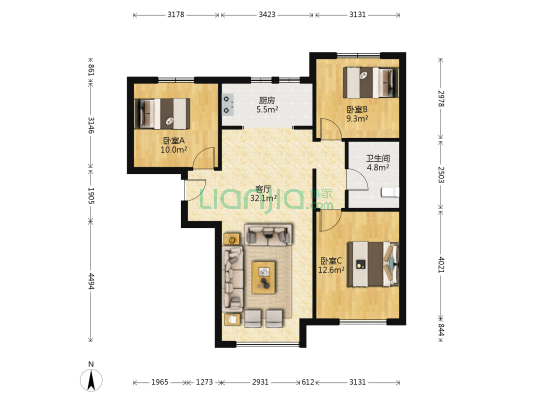 高铁新干线，F户型全新小三居。-户型图