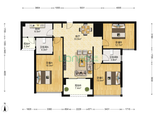 瀚林雅筑 3室1厅2卫 124平方