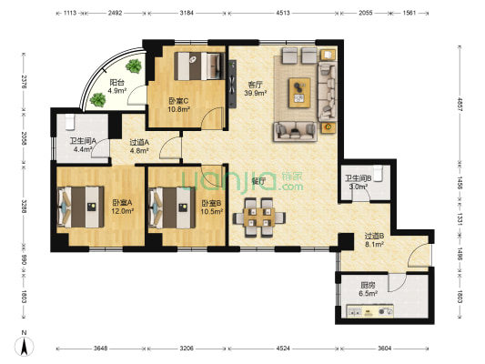 联发花园 3室1厅2卫 140平方