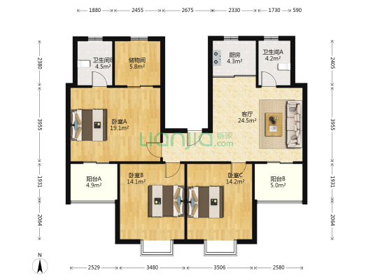 富土家园 3室1厅2卫 129平方