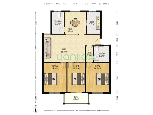 外环南二村 3室2厅2卫 120平方