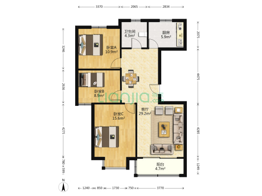 盛华和美居西区 3室1厅1卫 113平方
