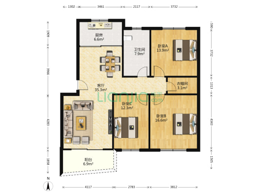 瑞安家园 3室1厅1卫 115平方