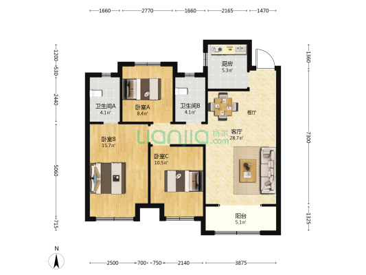 中梁首府 3室1厅2卫 110平方