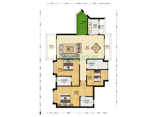 新时代嘉园 3室1厅3卫 137平方