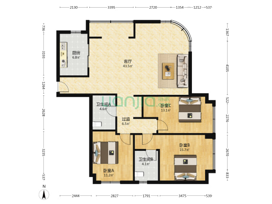 美联五福路1号 3室1厅2卫 133平方