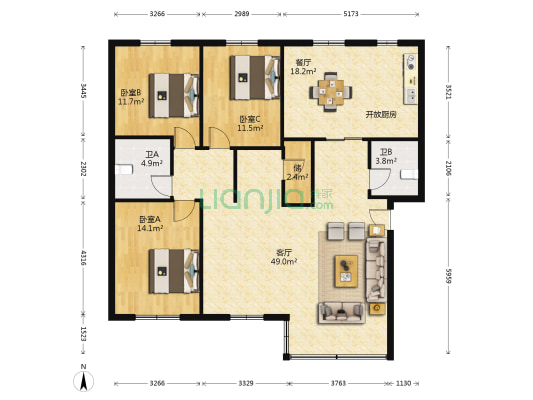 西河公寓 3室2厅2卫 136平方