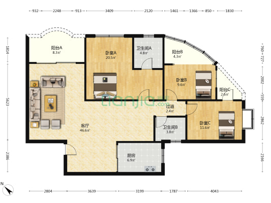兴业南村 3室1厅2卫 130平方