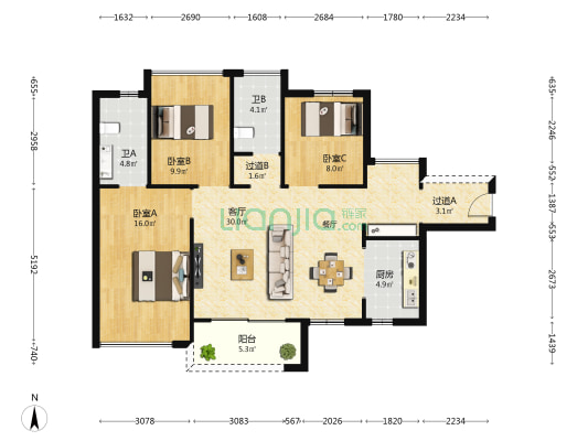 誉美花园 3室1厅2卫 99平方