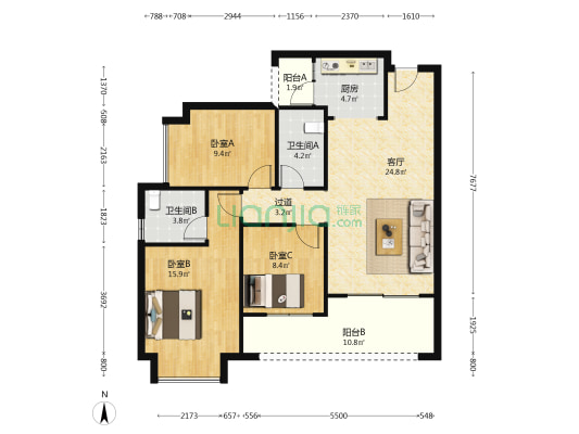 川发芙蓉天府央璟 3室1厅2卫 95平方