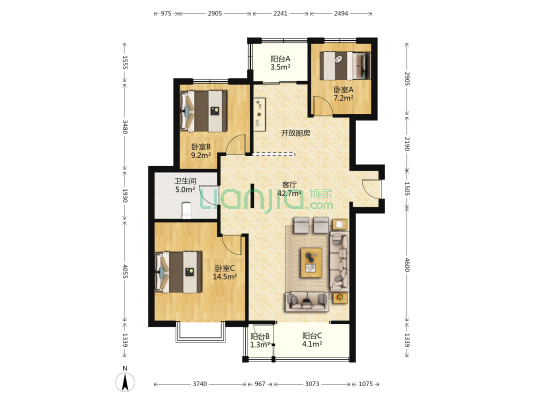 东方香榭里 3室1厅1卫 121平方