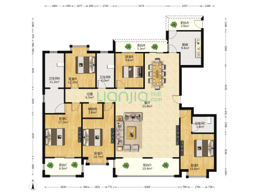 恒锦家苑 5室1厅3卫 221平方