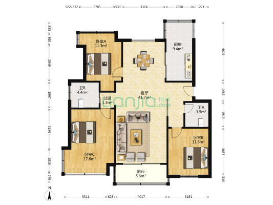 宏景园 3室1厅2卫 121平方