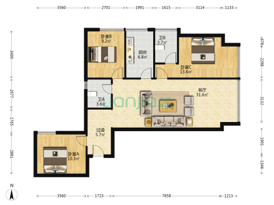 鸿嘉国际广场 3室1厅2卫 114平方