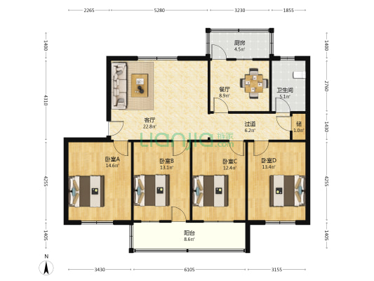 金麟小区 4室2厅1卫 130平方