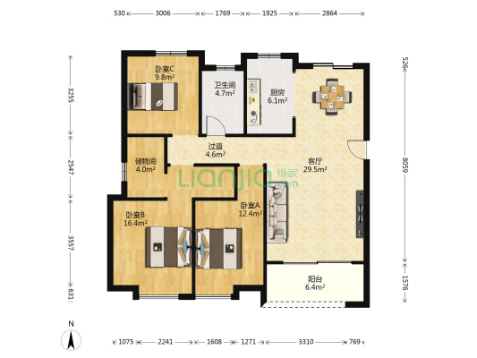 鸿锦城天逸 3室1厅1卫 129平方