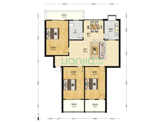 古城花园 3室2厅1卫 135平方