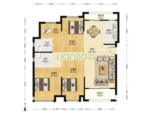 宝旭观邸 4室1厅2卫 126平方