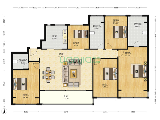 九龙仓邂湾澜庭 5室1厅3卫 206平方