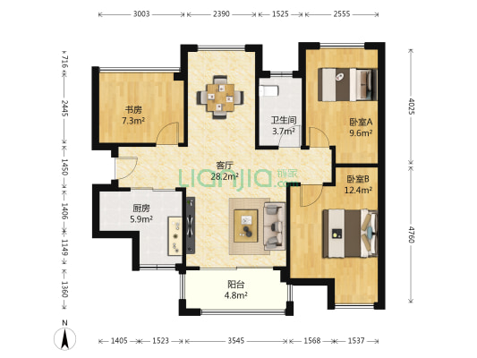 尹山湖景花园二期 3室1厅1卫 86平方