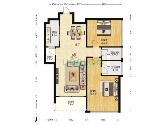 五洲花城三期 2室1厅2卫 89平方