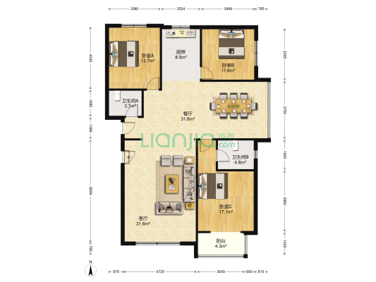 时尚公馆 3室2厅2卫 171平方