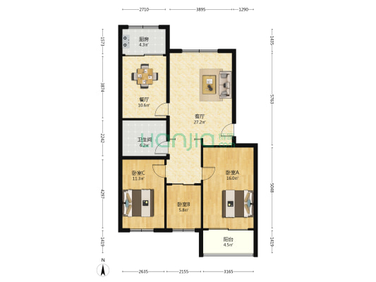 登州花园 3室2厅1卫 106平方