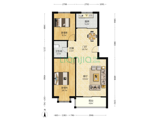 市场嘉园 2室1厅1卫 91平方