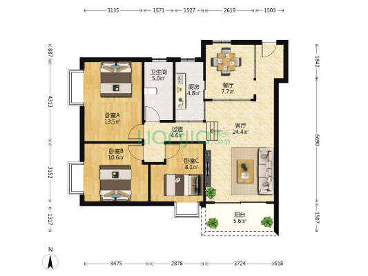 瑞荣大厦 3室2厅1卫 103平方